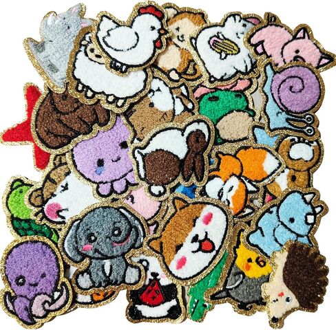30PCS Cute Animals Iron On/Sew On Chenille Patches with Golden Edge,Lovely Animal Embroidered Applique for Jeans Jackets Clothes Backpacks (30) in Saudi Arabia