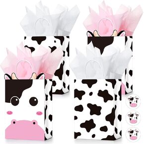 Nezyo 16 Set Cow Party Favors Bag with Tissue Paper and Stickers, Cow Print Gifts with Handles, Farm Themed Goodie Treat Candy Kraft Paper Bags for Kids Cow Farm Animals Birthday Party Supplies