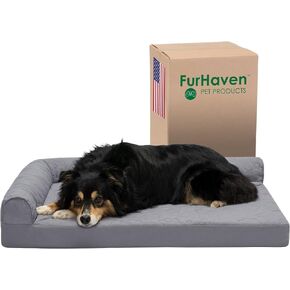 Furhaven Cooling Gel Dog Bed for Large/Medium Dogs w/ Removable Bolsters & Washable Cover, For Dogs Up to 55 lbs - Pinsonic Quilted Paw L Shaped Chaise - Titanium, Large