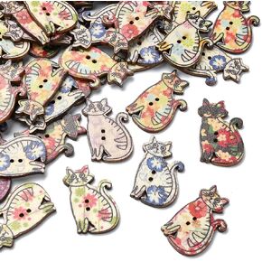 DanLingJewelry 200Pcs Random Wooden Buttons Colorful Cat Shaped 2 Holes Wood Printing Sewing Buttons for Sewing Crafting