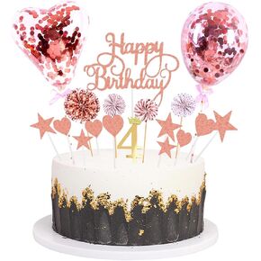 Daimay Pink Birthday Cake Topper Supplies Acrylic Glitter 19th Happy Birthday Cake Deco with Confetti Balloon Paper Fans Stars Firework Cupcake Toppers for Baby Shower Birthday Party - Rose Gold 19