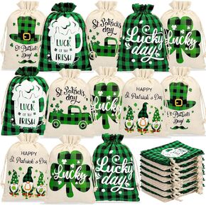 Silkfly 24 Pcs St Patrick's Day Goodie Gift Bag with Drawstring Shamrock Burlap Bags Irish Candy Treat Pouch Sacks for St Patrick's Day Party Supplies(5 x 7 Inch)