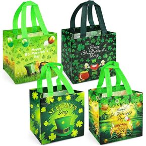 PARSUP 4PCS St Patricks Day Reusable Gift Bags, Irish Treat Bags with Handles, Saint Patrick's Day Party Bags, Multifunctional Non-Woven Bags for Gifts Wrapping, Irish Party Supplies, 7.9"×7.9"×5.9"