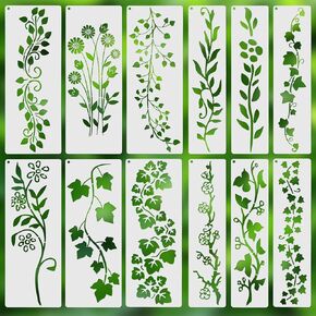 12pcs stencils stencils ، يترك استنسل زهرة ، قوالب زهرية قابلة لإعادة الاستخدام للحرف اليدوية DIY ، قوالب للطلاء على جدار الخشب القماش ديكور المنزل (كرمة)
