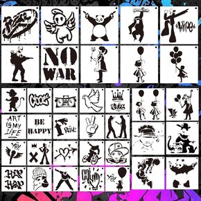 AFRITEE Reusable Graffiti Stencils for Painting - 36 Pcs Against War Street Art Painting Stencil for DIY Clothes Canvas Decoration, Pursuit of Peace Graffiti Template for Wall Spray Paint Decor
