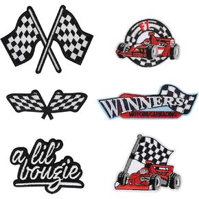 6Pcs Checkered Racing Flag Patches A Lil' Bougie Patche Trucker Hat Letters Motorcycle Winner Racing Car Iron Embroidered Funny Letter Patches for Backpacks Clothes Jeans Jackets Vest Denim Bags Hats