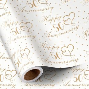 RUSPEPA 50th Anniversary Wrapping Paper Roll for Golden Wedding, Mini Roll, Gold HAPPY 50 Anniversary Heart Gift Wrap for Wedding, Valentine's Day Celebrations and More, 17 Inches x 16.4 Feet