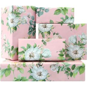 Pretty White and Pink Blooming Roses Peonies Flowers and Freshly Picked Green leaves pattern Retro Floral Gift wrapping paper For Wedding, Birthdays, Valentines, Christmas - (28"x20" Per Sheet, Folded