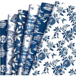 PUIKSXER Chinoiserie Pattern Wrapping Paper - 12 Sheets Blue White Peony Porcelain Patterned Gift Wrap for Wedding, Birthday, Bridal Shower - Bulk Oriental Art Supplies, DIY Craft - 19.7" x 27.6"