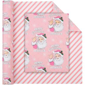 Vnaaem Funny Christmas Wrapping Paper - Mini Roll - 17 Inches X 33 Feet - Double Sides Wrapping Paper for Adult Men Women - Pink Christmas Santa Pattern Great for Holiday Birthday, Party, Baby Shower