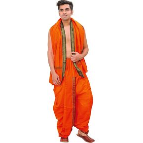 Exotic India Ready to Wear Dhoti and Angavastram Set with Woven Temple Border