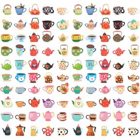 100pcs Tea Cup Stickers, Tea Party Stickers Tea Party Favors Tea Party Decorations Tea Stickers for Kids Little Girls Boys Adult Teen Party Decoration