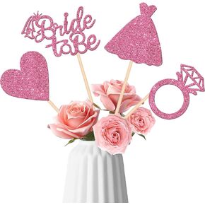 12 PCS Bride to Be Centerpiece Sticks Double Sided Glitter Heart Ring Dress Bridal Shower Table Flower Centerpieces for Wedding Engagement Bachelorette Party Flower Decorations Supplies Pink
