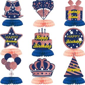 9PCS Blue Rose Gold Happy Birthday Decorations Honeycomb Centerpieces Happy Birthday Table Centerpieces Party Supplies 15th 16th 18th 21st 30th 40th 50th 60th 70th 80th Birthday Table Topper Decor