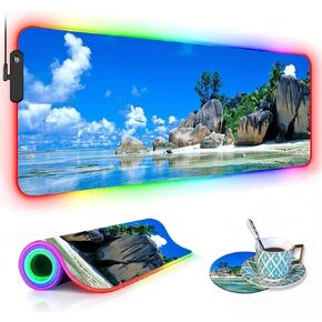 RGB Gaming Mouse Pad with Coffee Coaster, XXL Large Glowing LED Mousepad, Anti-Slip Rubber Base, Computer Keyboard Desk Mouse Mat 31.5 X 11.8 Inch - Chicago Skyline Scene at Night