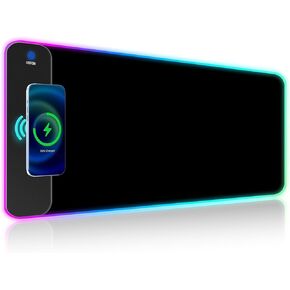 XL LED Gaming Mouse Pad with 15W Wireless Charging - 10 Light Modes - Non-Slip Rubber Base - Ideal for Gaming, MacBook, PC, Laptop, Desk, black