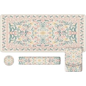 iLeadon Green Floral Desk Mat for Keyboard and Mouse,Extended Large Cute Computer Mouse Pad Sets for Women Desk,Non-Slip Base Full Size Desk Pad Set with Wrist Support+Cup Coaster for Home Office