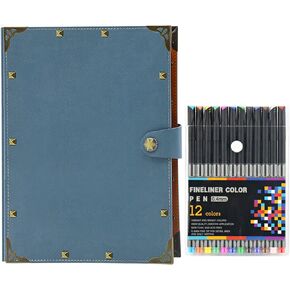 A5 Binder Journal Lined Paper with 12 Markers Pens, A5 Refillable Leather Notebook 6 Rings Binder A5 Planner Notepads Writing Journals for Womens Mens