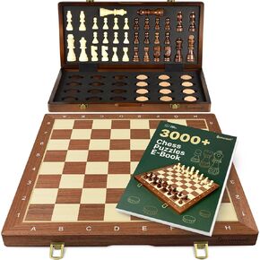 15-Inch Magnetic Chess Set - 2 in 1 Chess and Checkers Board Game for Adults and Kids - Tournament Chessboard with Wooden Pieces - Free E-Book with Chess Puzzles