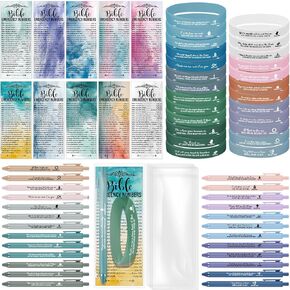 25 Set Colored Christian Church Gifts Bulk Bible Verse Ballpoint Pens Religious Silicone Wristband and Watercolor Bible Emergency Numbers Bookmarks Sunday School Gifts for Student Pastor