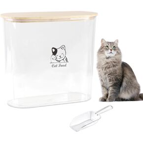 6~7 Lbs Cat Food Storage Container|Pet Food Container with Airtight Bamboo Lid|Cat Food Bin with Food Scoop|Clear Food Holder ideal for Kitten Food Kibble|Plastic-BPA Free