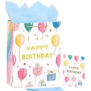 Cynamorkit 13" Medium Happy Birthday Gift Bag with Tissue Paper, Card & Envelope, Pastel, Gold Foil Happy Birthday.(Pink, Medium)