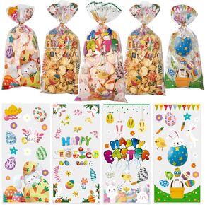 QOIUSO Easter Treat Bags: 50pcs Easter Cellophane Bags for Goodies Candy Cookies and Gift Wrapping, Clear Easter Gift Bags with Twist Ties for Easter Party Supplies, 4 Style Easter Bags for Kids