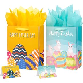 Ranfashiong 2Pcs 12.6" Large Easter Gift Bags with Card and Tissue Paper for Kids Egg Hunt Rabbit Party Favor