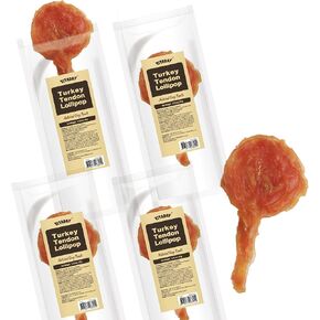 Turkey Tendon for Dogs – 100% Natural, USA-Sourced, High-Protein, Low-Fat, Grain Free, Chew, Rawhide Alternative, Hypoallergenic Puppy & Dog Treats, Lollipop (Pack of 4)