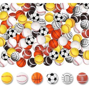 30PCS Sports Silicone Beads, Basketball Soccer Baseball Football Volleyball Silicone Focal Beads, 15mm Silicone Beads for Keychain Making, Loose Beads Bulk for Pens DIY Crafts Bracelet Lanyard