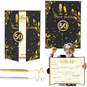 50th Birthday Guest Book Black Gold Party Decorations 16.73x11.8inch,50 Years Birthday Signature Poster Card Gift Giant Guest Sign in Book Fifty Birthday Party Keepsake -Table Centerpiece Decor（pen)