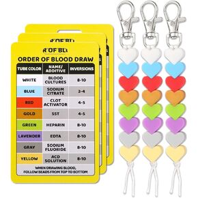 3pcs Order of Blood Draw Beads with Reference Card, Order of Blood Draw Vertical Badge Badge Reel Accessories Phlebotomy Essentials for School RN Nurse Student Practitioner Grad Gift (Yellow Card)