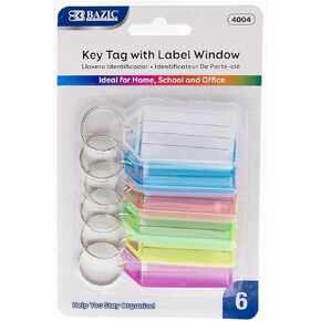 BAZIC Key Tag Label Window, Assorted Color Tags, Plastic Key Holder Key Ring, Identifier Name Number Address Information Label Card (6/Pack), 1-Pack