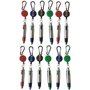 LUCKBOOSTIUM 4 Multi-Colored Pens in One, Ballpoint Pen Keychain with Carabiner, Retractable Badge Reel Holder, and Belt Clip - Travel Pens for Nurses, Teachers, Students, and Colleagues