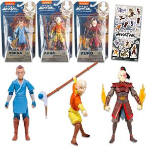 Nickelodeon Avatar The Last Airbender Action Figure Set - Bundle of 3 Avatar Figurines: Aang, Zuko, and Sokka Plus Stickers | 5" Avatar The Last Airbender Toys