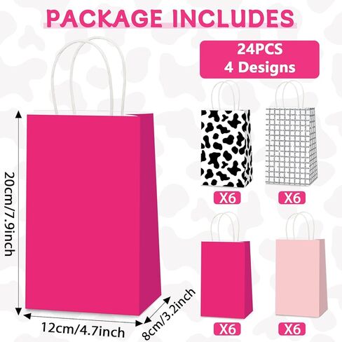 CHUNNIN 24PCS Western Cowgirl Party Paper Bags Cowgirl Party Favor Cow Print Themed Party Gift Bags Supplies Hot Pink Disco Ball Treat Bags Bulk for Birthday 80s 90s Wild West Party Decorations in Kuwait