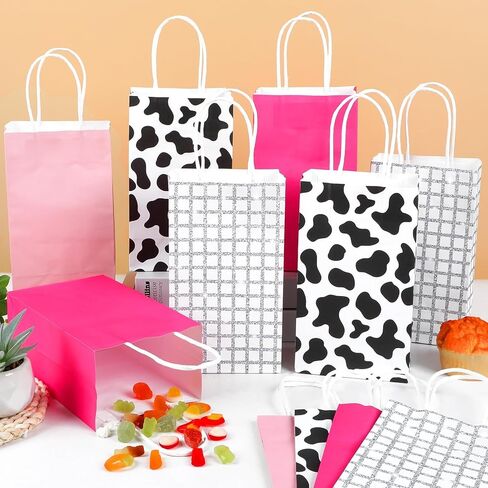 CHUNNIN 24PCS Western Cowgirl Party Paper Bags Cowgirl Party Favor Cow Print Themed Party Gift Bags Supplies Hot Pink Disco Ball Treat Bags Bulk for Birthday 80s 90s Wild West Party Decorations in Kuwait
