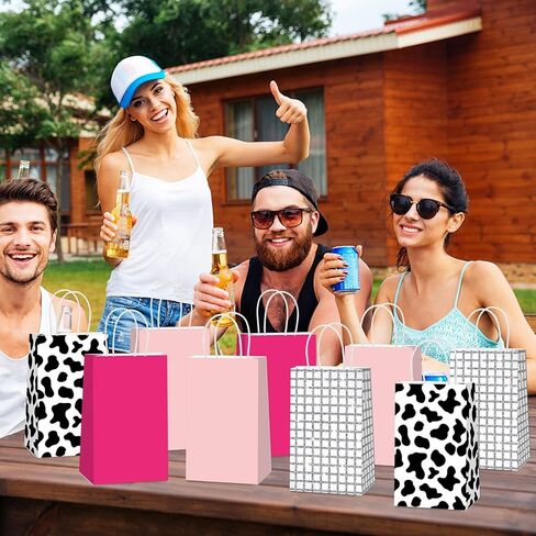 CHUNNIN 24PCS Western Cowgirl Party Paper Bags Cowgirl Party Favor Cow Print Themed Party Gift Bags Supplies Hot Pink Disco Ball Treat Bags Bulk for Birthday 80s 90s Wild West Party Decorations in Kuwait