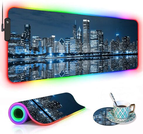 وسادة الماوس للألعاب RGB مع السفينة القهوة ، XXL كبيرة المتوهجة المتوهجة Mousepad ، قاعدة مطاطية مضادة للانزلاق ، حصيرة مكتب لوحة مفاتيح الكمبيوتر 31.5 × 11.8 بوصة - مشهد أفق شيكاغو في الليل in Saudi Arabia