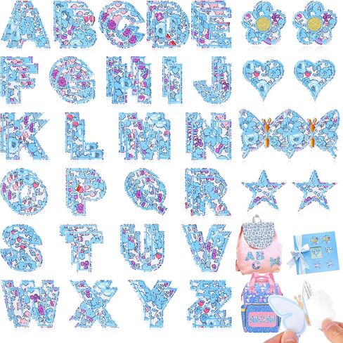 Letter Patches Self-Adhesive for Kids Clothing: Kingsow Blue 60Pcs Flowers Butterfly Letters Patch Stickers A-Z Alphabet Applique - Cute Fabric Letters Patches Stick on Jackets Hats Bags DIY Crafts in Saudi Arabia