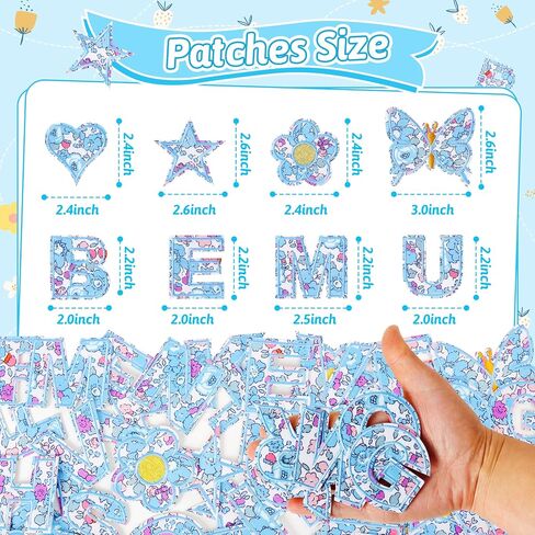 Letter Patches Self-Adhesive for Kids Clothing: Kingsow Blue 60Pcs Flowers Butterfly Letters Patch Stickers A-Z Alphabet Applique - Cute Fabric Letters Patches Stick on Jackets Hats Bags DIY Crafts in Saudi Arabia