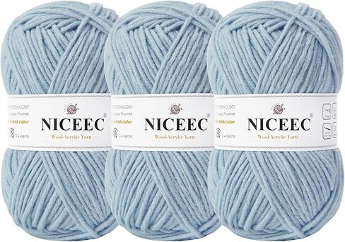 NICEEC 3 Skeins Soft Wool-Acrylic Yarn for Knitting Worsted Weight Yarn Quality Yarn for DIY Craft Wool Blend Yarn for Crochet Blanket Yarn(3×3.53oz,3×153yds)-Light Blue in Kuwait