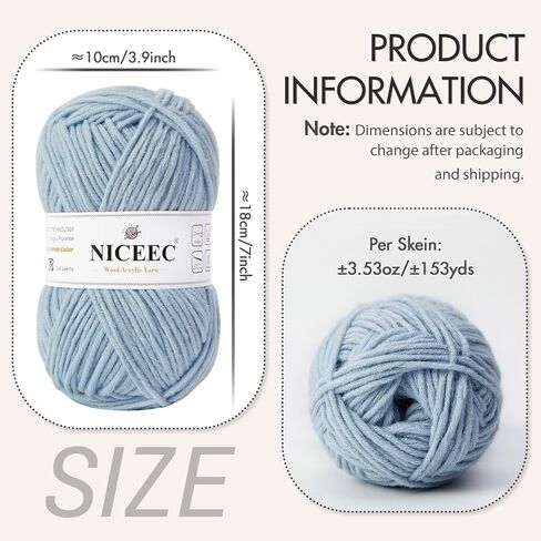 NICEEC 3 Skeins Soft Wool-Acrylic Yarn for Knitting Worsted Weight Yarn Quality Yarn for DIY Craft Wool Blend Yarn for Crochet Blanket Yarn(3×3.53oz,3×153yds)-Light Blue in Kuwait