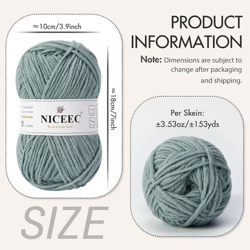 NICEEC 3 Skeins Soft Wool-Acrylic Yarn for Knitting Worsted Weight Yarn Quality Yarn for DIY Craft Wool Blend Yarn for Crochet Blanket Yarn(3×3.53oz,3×153yds)-Light Blue in Kuwait