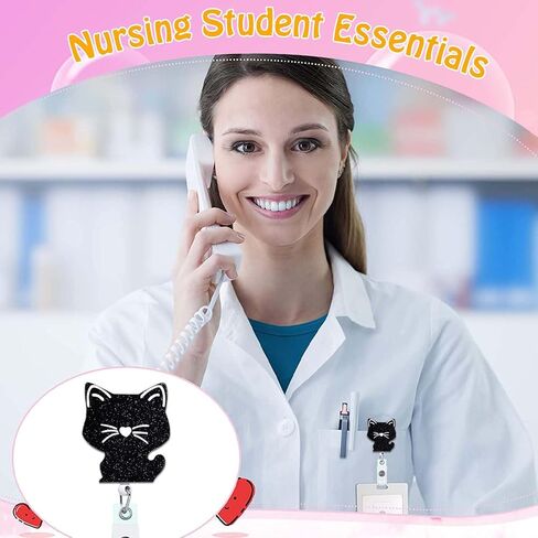 Funny Cat Badge Reel Holder Retractable Badge Clips Black Cute Nursing Badge Reels Retractable for Nurses Medical Badge RN LPN CNA ID Card Badge Holder Alligator Clip Office Accessories in Kuwait