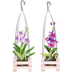 2 Miniature Orchids Artificial Flower Clay with A Hanging Basket Wood Stretched Wire for Dollhouse Fairy Garden Size S Scale 1:12
