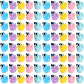 100pcs Summer Beach Ducks, Mini Resin Ducks Colorful Duck Figurines with Surfing Glasses Surfboards for Baby Shower Miniature Garden Landscape DIY Dollhouse Potted Plants Pool Party Decoration