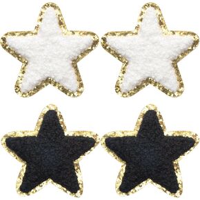 PAGOW 6pcs Self Adhesive Star Patches, Chenille Patches with Sequin Gold Edges, Sewing Embroidered Applique, Star Patch Stickers for Fabric Clothes Hats Jackets - Black&White (2.36x2.36 inch)
