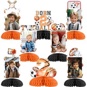 Funmemoir Born Two Ball Birthday Decorations Boy, 8pcs Sports Theme 2nd Birthday Photo Honeycomb Centerpiece Born 2 Ball Table Decorations for Sports Second Year Old Birthday Supplies