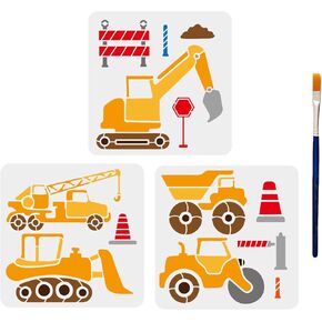 MAYJOYDIY 3pcs Construction Vehicle Stencils 11.8×11.8inch Large Traffic Crane Excavator Tractor Templates with Paint Brush Reusable Vehicles Themed Templates for DIY Home Wall Decor